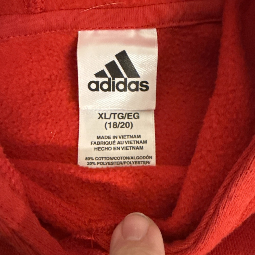 Adidas Kids 18/20 XL Red Hoodie Hooded Sweatshirt Long Sleeve Pullover Boys - Picture 2 of 4